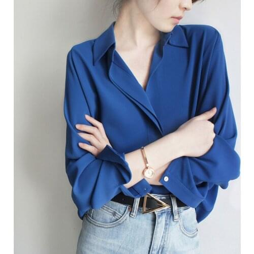 2021 Womens Long Sleeve Chiffon Tops Blue V-neck Long-sleeved Shirt Blusas Female Spliced Solid Button Up Dropshipping 0953