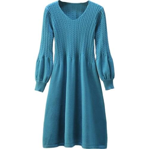 2020 Spring Autumn Latest Style Womens Knitted Wool Sweater Dress Long Style Solid Color V-collar Lantern Sleeve