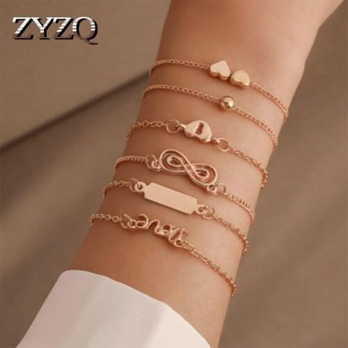 ZYZQ Summer Stylish Bracelets Sets Lovely Heart Letter Eight Shaped Geometric Wrist Bracelets Six Pcs Wholesale Lots&Bulk Hot