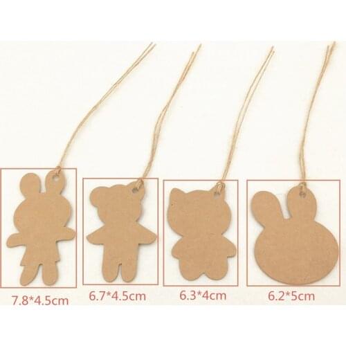 100PCS Kraft Paper Cute Bear Rabbit Shape Price Hang Tags Blank Tag Gift Label Head Card DIY Accept Custom Logo+String Rope