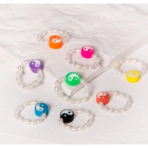2021 Summer Female Cute Freshwater Beads Stacking Elastic Ring Tai Chi Yin Yang Rings For Women Girl Trendy Jewelry Gift