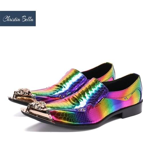 Christia Bella Colorful Real Leather Men Party Dress Shoes Pointed Toe Fashion Dress Shoes Nightclub Formal Brogue Shoes Male