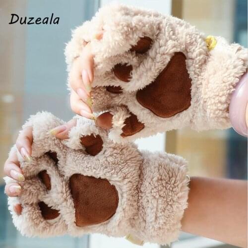Duzeala 1Pair Women Girls Lovely Winter Warm Fingerless Gloves Fluffy Bear Cat Plush Paw Claw Half Finger Gloves Mitten Mittens