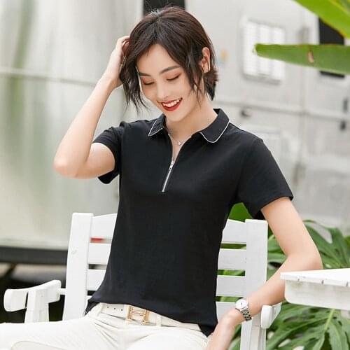 MiiKLN Polo Shirt 90% Cotton Shirts For Women Black White Red Orange Golf Shirt Women 2020 Zipper Polo Short Sleeves