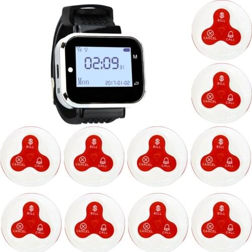 JINGLE BELLS Wireless Calling System 10 Calling Buttons 1 Watch Pager for Restaurant cafe bar Wireless Service Call Bell pager