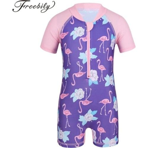 Baby Girls Swimsuits Kids Swimwear Short Sleeves Rash Guards Flower Flamingo Pattern Printed Rash Guard Toddlers Bathing Suit