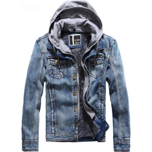 Fashion Mens Warm Denim Jacket With Removable Hood Winter Fleece Lined Thick Thermal Jeans Coat Washed Blue Outerwear Tops