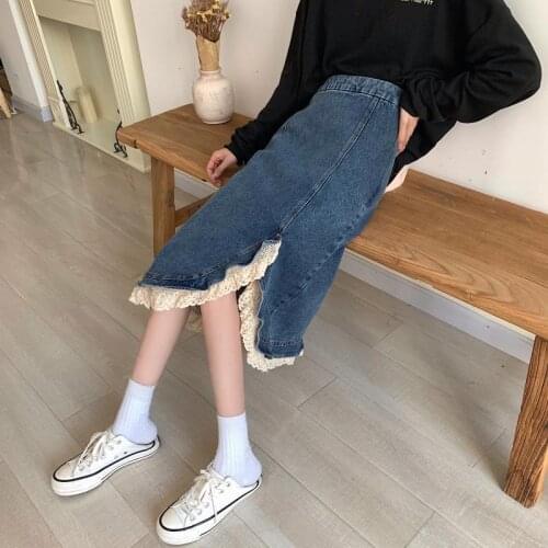 High Waist Irregular Split Denim Skirt Mid Length Slim Denim Skirt 2021 Summer Versatile Fashion Lace Skirt