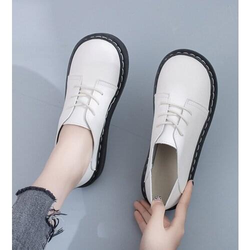 2020 Autumn Women Oxford Shoes Lace Up Platform Leather Shoe Sewing Lolita Shoes Retro Round Toe Flats Girls Casual Black 8777L