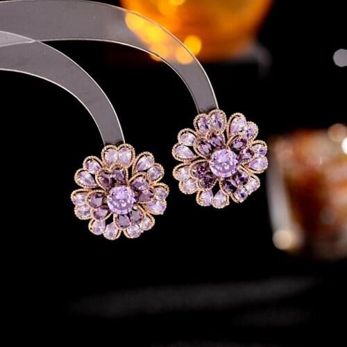 Japanese And Korean Fashion New Color Flower Earrings Inlaid Rose Red Gem Double Hollow Three-Dimensional Flower Ear Jewelry