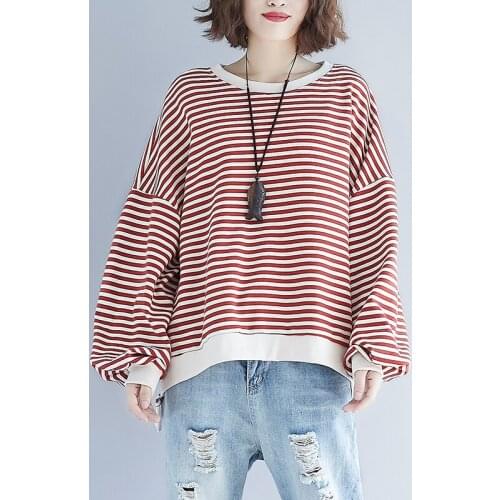 Autumn Winter New Stripe Sweatshirts Female Pullovers Sweet Loose Lantern Sleeve Casual Cotton Hoodies Mujer Moletom Feminino