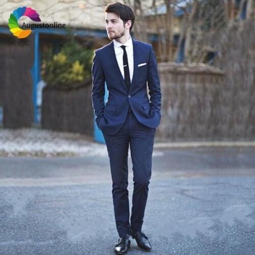 Navy Blue Men Suits Wedding Custom Made Formal Business Slim Fit Groom Tuxedo Best Man Blazer Jacket Pants 2Piece Costume Homme