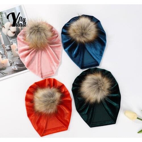 Yundfly 20*17.5 CM Comfortable Warm Golden Velvet Toddler Hats Fashion Fur Ball Baby Indian Caps Children Headwear Photo Props