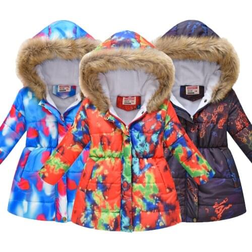Big Size Girls Thicken Warm Long Style Hooded Jacket Splash Ink And Colorful Pattern Plus Velvet Kids Outerwear Children Coats