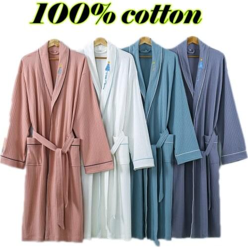 Spring Autumn 100% Cotton plain color bathrobes embroidery robes Unisex long-sleeve Sleepwear water absorption bathrobe pijamas