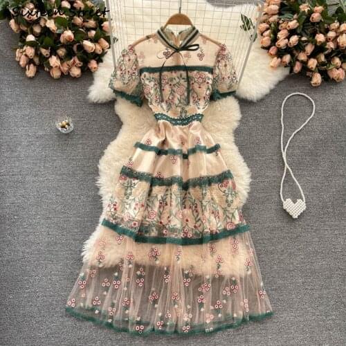 Vintage Green Embroidery Mesh Dress Woman O-neck Summer Evening Party Dresses Vestido Woman Short-sleeve Palace Dress