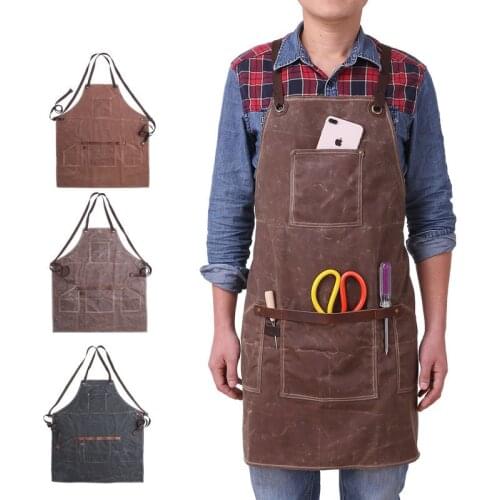 Vintage Waxed Canvas Workshop Aprons With Pockets Woodworking craftsman Durable Work Tool Apron Genuine Leather Accessory