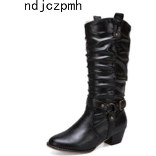 Womens Boots New Winter Fashion Round Head Metal Decoration Low-heeled Middle Tube Women Shoes Plus Size 35-50 Heel Height 4cm