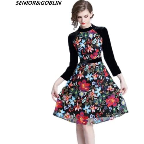New High Quality 2019 Luxury Runway Black Velvet Patchwork Mesh Embroidery Floral Dress Women Vintage Dress Chic Vestidos S-XXL