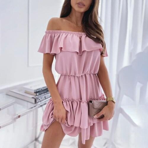 WYWMY Short Sleeve Summer Women Dress One Word Collar Fashion Solid Color Off-shoulder Loose Ruffled Elastic Waist Slim Dresses