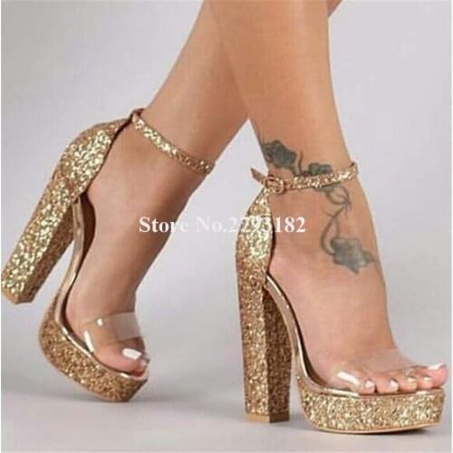 Bling Bling Women Fashion Open Toe One PVC Strap High Platform Chunky Heel Sandals Gold Sequined High Heel Sandals Dress Heels