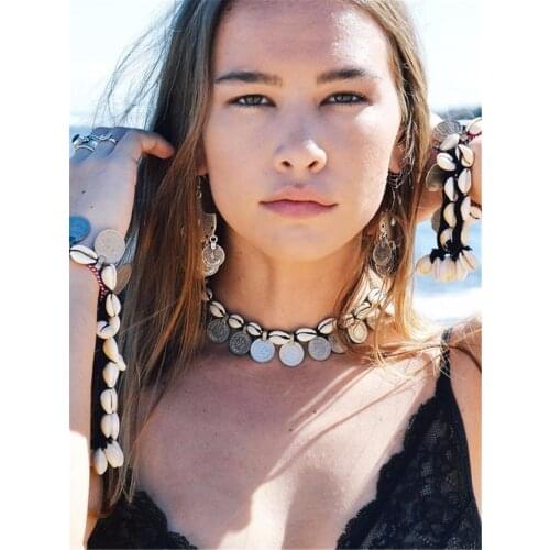 Gypsy Turkish Summer Beach Coin Tribal jewery Sets Bohemian Ethnic Rope Chain Natural Shell Necklace Bracelet for women Anklet