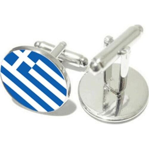 DoreenBeads Alloy Silver Color Fashion Cufflinks Round Greece Flag Cabochon Creative Personality Gift For Men Cuff Link ,1 Pair