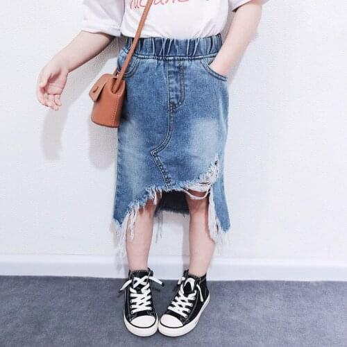 Girls High Waist Mid-length Big Hole Denim Skirt Toddler Girl Fall Clothes 2021 Skirt for Girls Long Tutu Skirt Girls