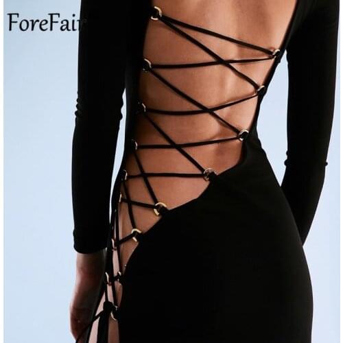 Forefair 2021 Summer Fashion Bandage Sexy Backless Long Women Elegant Club Party Split Hollow Out Long Sleeve Female Clothing