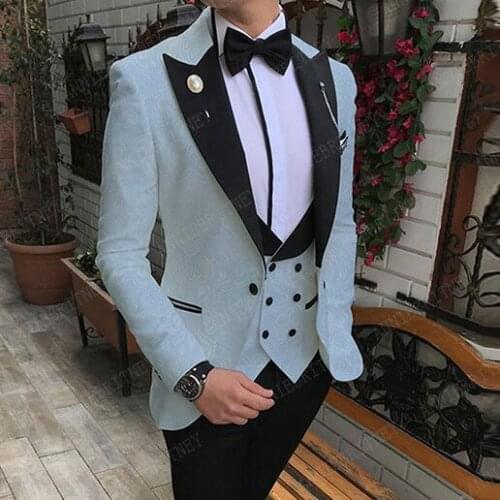 ANNIEBRITNEY Sky Blue Jacquard Suit Men Tailored Formal Mens Wedding Suits Slim fit Jacekts Groom Tuxedo Blazer Vest Pants Set