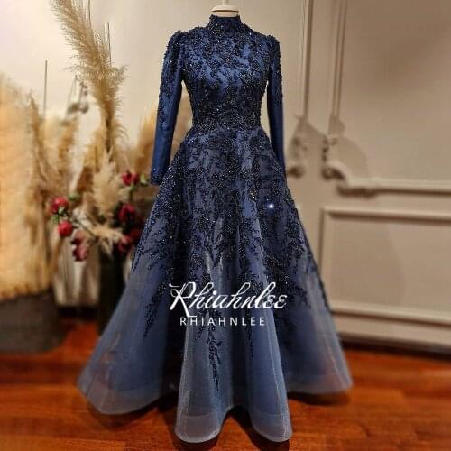 Dubai Luxury Long Sleeve Muslim Evening Dresses High Neck A Line New Design Formal Gowns 2021 Rhiahnlee