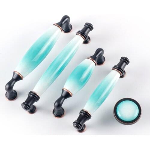 Pink Blue Ceramic Cabinet Door Handle Drawer Knobs Single Hole Ink Painting Handle American Wardrobe Door Handle Modern Cabinets