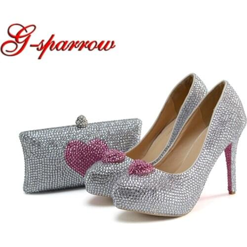 Silver Crystal Bride Shoes with Matching Bag Luxury Rhinestone Platform Bridal Wedding Prom Shoes with Purse Pink Heart Shape