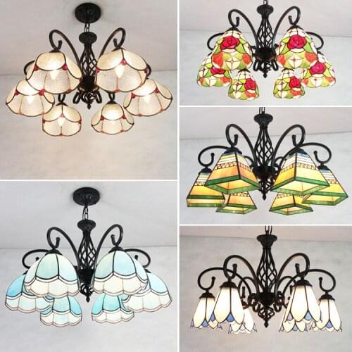 Modern Tiffany Baroque Stained Glass Suspended Luminaire E27 Led Iron Chain Pendant Light Lamp For Home Parlor Dining Room