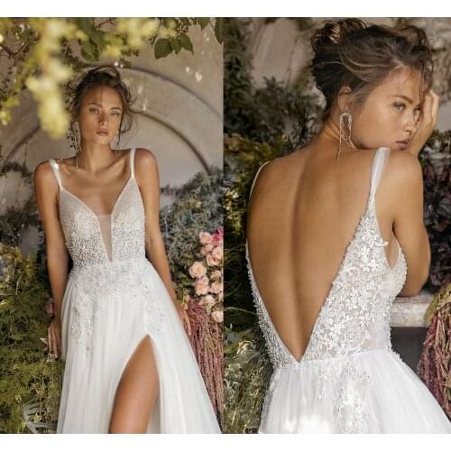 2020 Wedding Dresses Spaghetti Straps Side Split Bridal Gowns Backless Sweep Train A Line Wedding Dress Vestidos De Novia