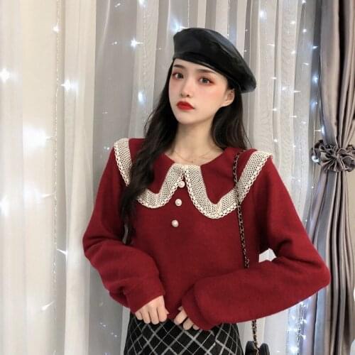 Winter Women Sweater Sweet Solid Lace Turn-down Collar Sweater Korean Style Pullovers Knitted Thick Fall Sweaters for Women