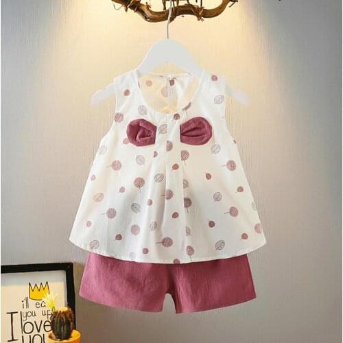 2Pcs/Set Girls Summer Children Clothing Leaf Print Top Vest Cute Bow Knot Round Neck Vest Shorts Childrens Set Daily Wear