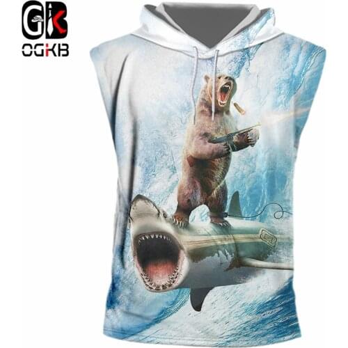 OGKB Cool Tank Top Print Shark Bear 3D Hooded Tanktop Vest Singlets For Women/men Bodybuilding Fitness Casual Sleeveless Hoodie