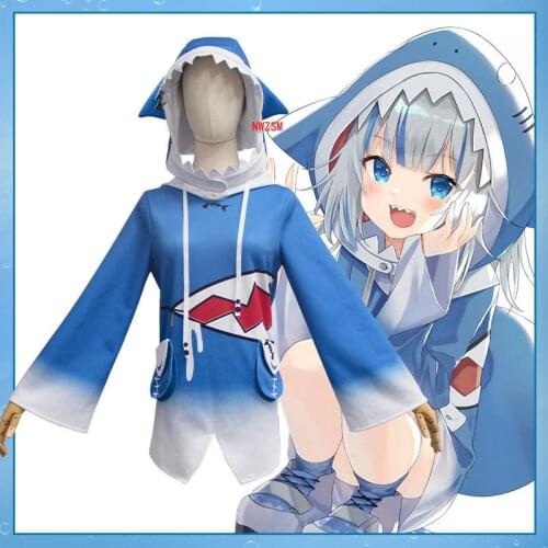 Japanese Amine Vtuber Hololive ENG Gawr Gura Shark Girl Cosplay Costumes Girl Women Cute Blue Body Sharks With Hat