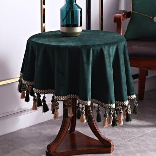 Retro Green Velvet Round Tablecloth Tassels for Party Kitchen Fabric Table Cover Solid Color Coffee Dining Table Decor Europe