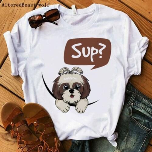 Shih Tzu Dog Mom Sup Letter T-shirt Women Fashion Harajuku Cute Cartoon Tshirt Funny Graphic O-Neck Mama Short Sleeve T Shirt