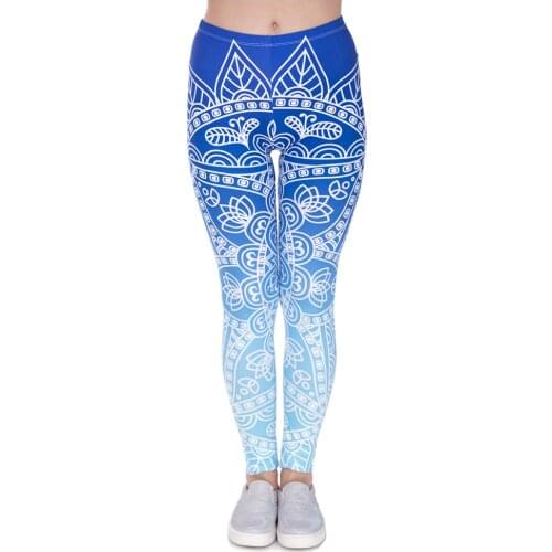 High Quality Women Legins Mandala Ombre Blue Printing Legging Fashion Casual High Waist Woman Leggings