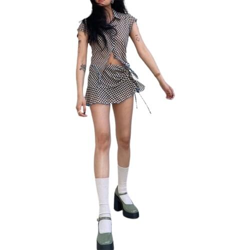 2Pcs Women Summer Outfit Plaid Lapel Short Sleeve Button-Open Slit Crop Tops + Drawstring Skirt for Girls, Black