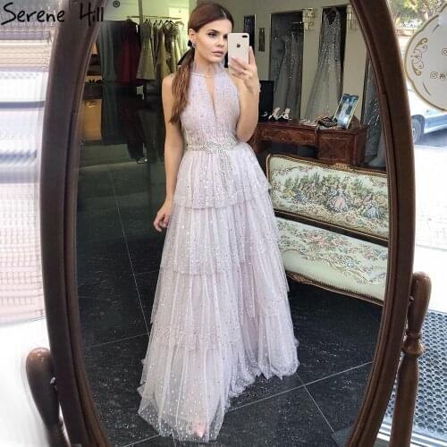 Serene Hill Pink A-Line Sexy Luxury Evening Dress 2021 Halter Beadings Tiered Tulle Women Formal Party Wear Gown CLA70806
