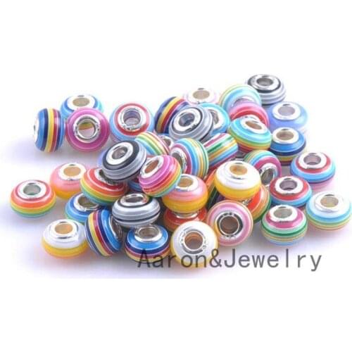 14mm Silver Big Hole Stripe Resin Flat Round Charms Beads Fit European Braclet DIY 10PCS DK-049X