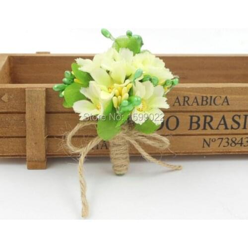 2 Bridal Groomsman Boutonniere Jute Burlap Rope Decoration Ivory Green Handmade Corsage Rustic Button Hole Flower for Wedding