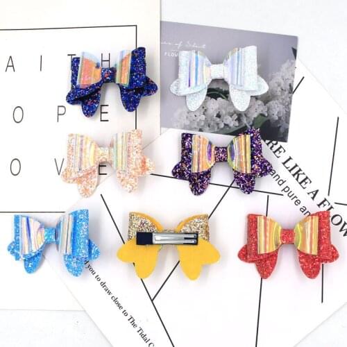 7pcs/lot Synthetic Leather Glitter Hair Bows Transparent PVC Swallowtail Cheerleading Clips Girls Hair Pin Barrette Headwear