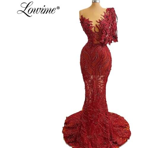 Burgundy Illusion Long Evening Dresses 2020 Newest Custom Lace Beaded Formal Dress For Wedding Party Celebrity Prom Dresses