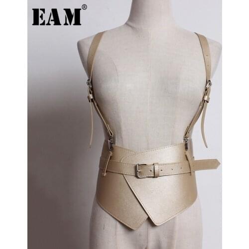 [EAM] 2021 New Spring Autumn Black Pu Leather Buckle Split Joint Irregular Personnality Belt Women All-match Fashion Tide JL363