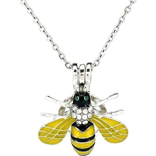 K1056 Silver Enamel Cute Bee Insect Rhinestone Beads Pearl Cage Pendant Chain Aroma Essential Oil Diffuser Locket Necklace